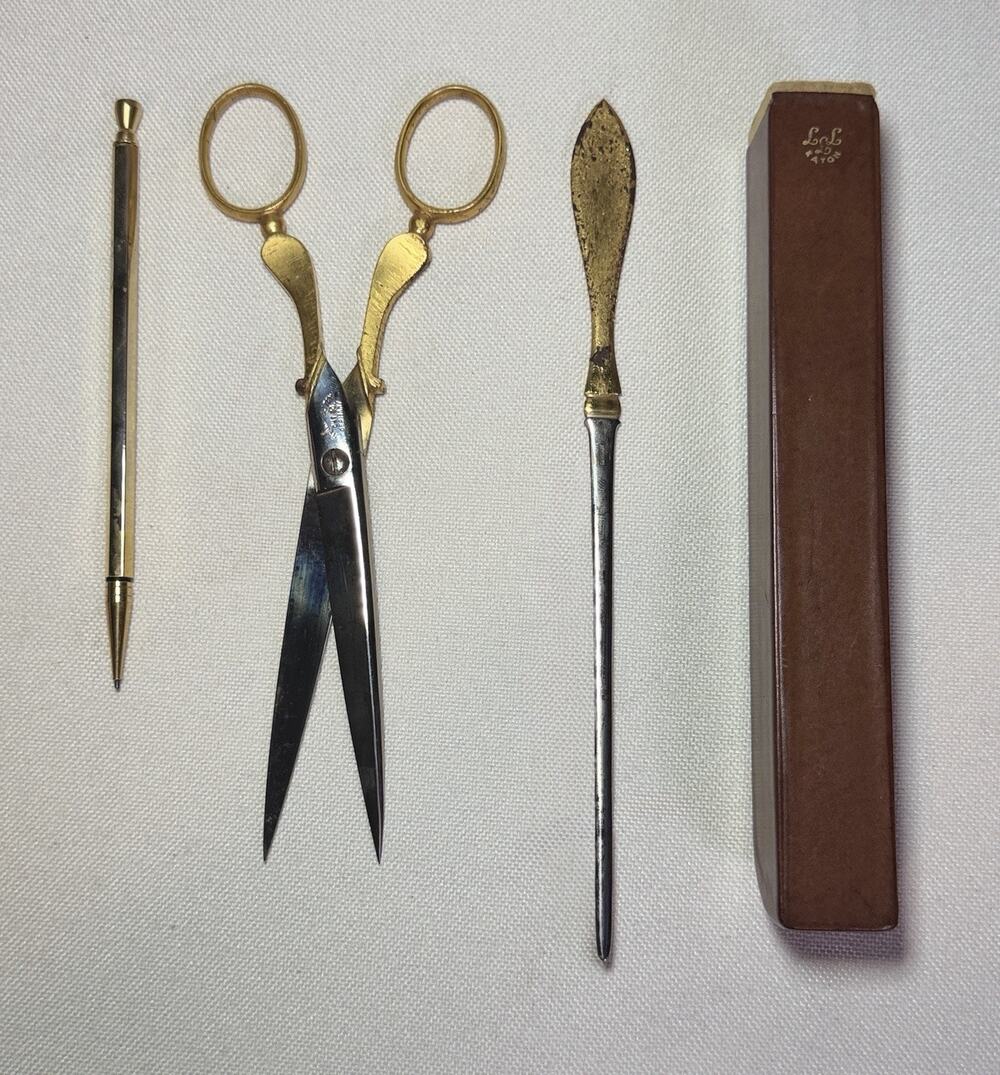 Vtg Eaton Leather Ruler Case Desk Set Germany Scissors Opener Magnetic Pencil